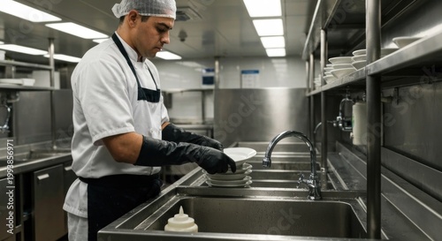 Chef washes dishes in a stainless steel commercial kitchen