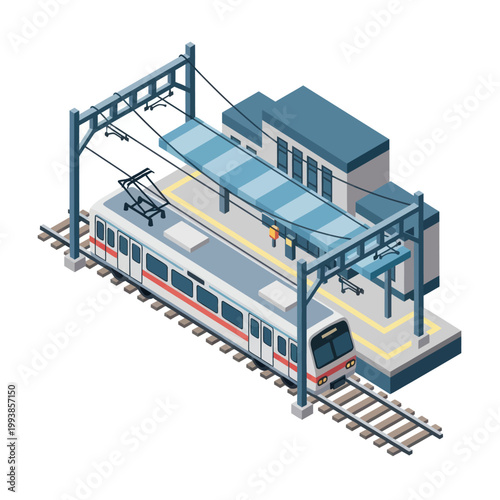 Isometric Train Station with Modern Electric Train Illustration.