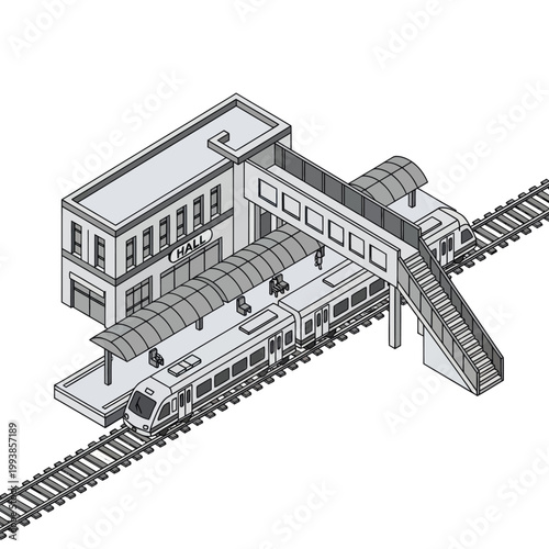 Isometric Train Station Illustration with Pedestrian Overpass and Modern Train.