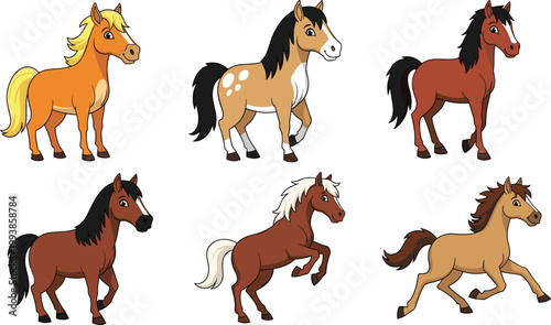 Vector Set of 6 Cute Cartoon Horses with Different Breeds, Colors, and Poses, Ideal for Children’s Illustrations, Farm, and Animal Designs