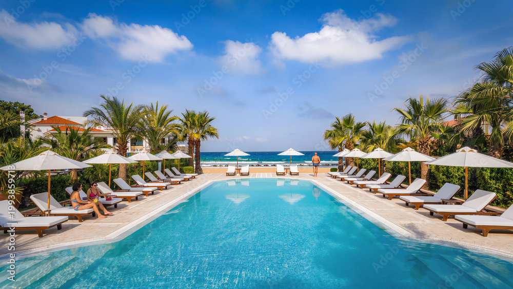 Fototapeta premium Luxury Resort Pool by Ocean with Palm Trees and Beach Umbrellas