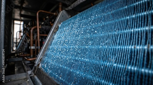 A heat exchanger's cooling fins show condensation from moisture. Efficient thermal management in HVAC systems is vital for performance.
