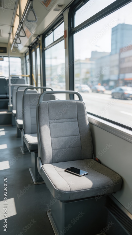 Fototapeta premium A photo of the inside of a bus with vacant seats and a cell phone on one seat, looking out the window at a city street with cars and buildings passing by.