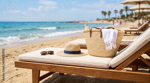 A straw hat and woven basket rest on a sunbed beside the sparkling ocean, evoking a serene, leisure-filled beach atmosphere.
