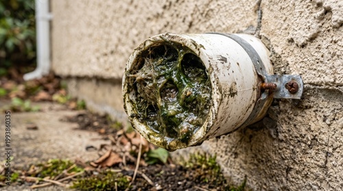 A white pipe is clogged with green algae, blocking water flow. Surrounding foliage and gravel add to the scene’s natural details.