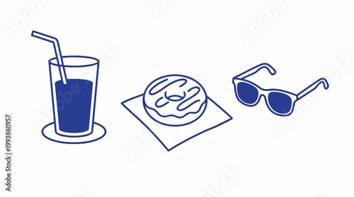 Minimalist blue outline icons of a drink, glazed donut and sunglasses, flat vector illustration suitable for menu design, travel blog and web.