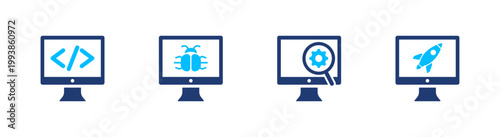 Software engineering icon set. code, bug, debug, deployment, programming. solid style icon collection.