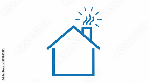 Minimalist blue outline vector icon of a house with chimney smoke, top center view, suitable for real estate, home heating and energy efficiency.