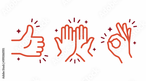 Three red line art hands showing thumbs up, high five, and OK gesture with sparkles, suitable for social media, feedback and approval.