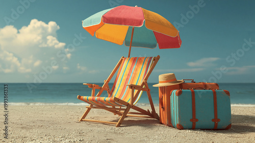 Beach chair umbrella and suitcases on sand by ocean