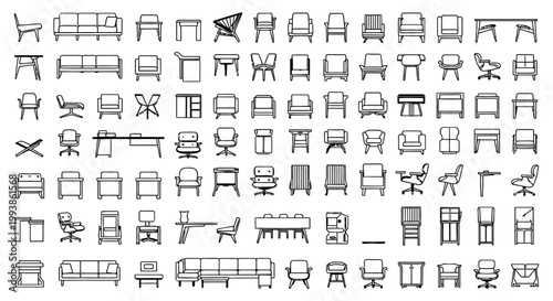 a large collection of architectural furniture symbols vector icons for interior design and floor plans featuring various chairs sofas and tables for design projects.