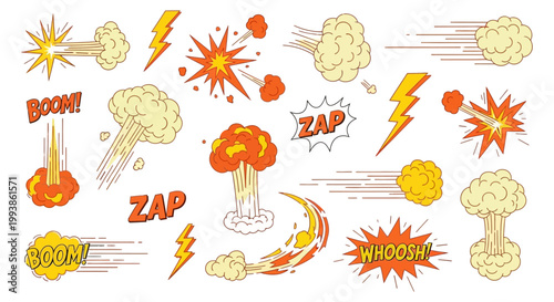 a vibrant collection of comic book action explosion effects speed lines lightning bolts and cartoon elements in graphic design.
