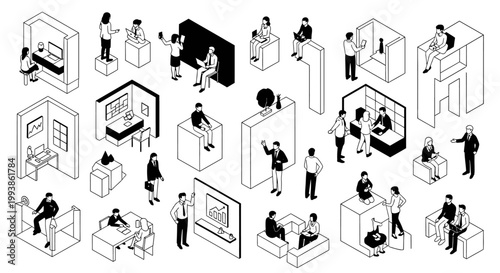 isometric office people set working in modern spaces and meeting rooms