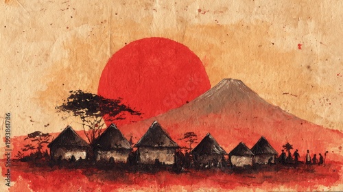 Traditional African style painting. Watercolor. A village at the foot of Mount Kilimanjaro under a large crimson sun. Textured paper