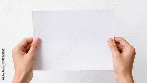 Two Hands Holding Blank White Paper Sheet Horizontal