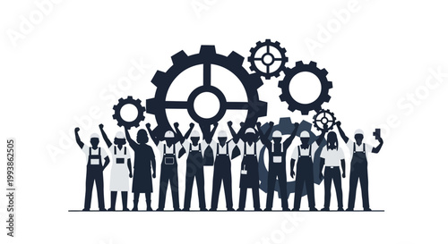 Silhouette illustration depicting International Workers’ Day, showcasing a diverse group of laborers raising their fists in solidarity against a clean white background, accented by symbolic