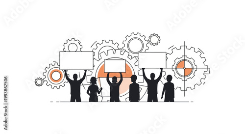 Silhouetted figures holding blank signs, celebrating International Workers’ Day (Labor Day) against a backdrop of interconnected gears, rendered in a minimalist line art style