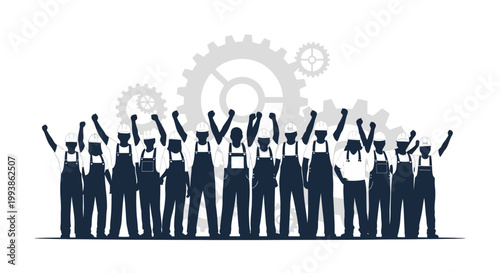 Silhouette illustration of a crowd raising their fists in solidarity for International Workers’ Day (Labor Day), set against a clean white background with faint grey gear shapes