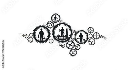On International Workers’ Day, a symbolic illustration shows worker silhouettes inside gears, representing labor and industry, set against a bright white background in a minimalist