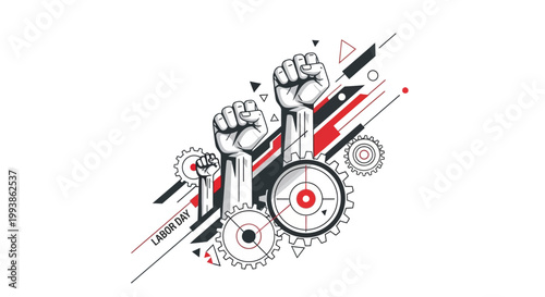 Geometric vector art commemorates International Workers’ Day, featuring raised fists and gears against a white backdrop, designed with red and black accents and a dynamic, diagonal