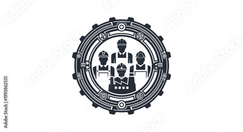 Celebrating International Workers' Day, a symbolic emblem presents a team of laborers in silhouette, encased within an ornate gear design against a stark white backdrop, creating a strong