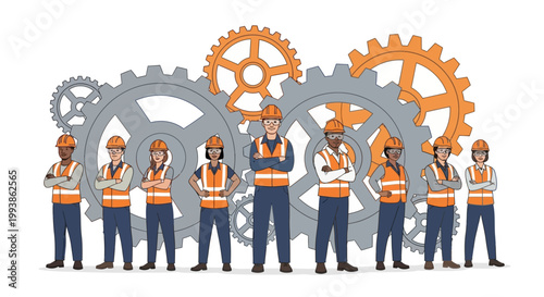 A diverse group of workers stand together with crossed arms against large gears in a vector illustration commemorating International Workers' Day, rendered with a flat design style