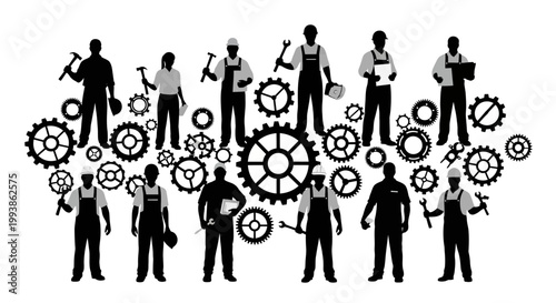 Celebrating International Workers' Day, a vector illustration shows silhouetted laborers holding tools surrounded by gears against a white background, symbolizing industry and labor