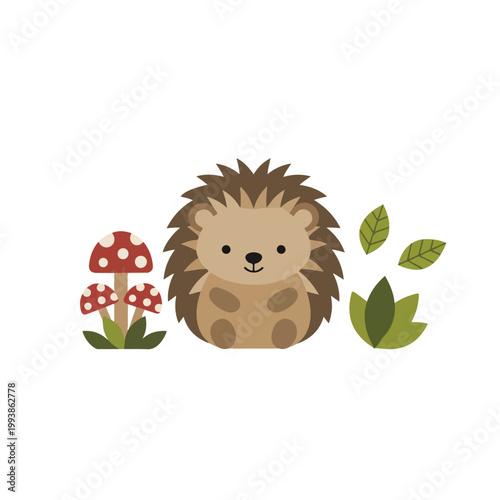 Adorable vector illustration of a cute cartoon hedgehog sitting between colorful forest mushrooms and green leaves on a white background.