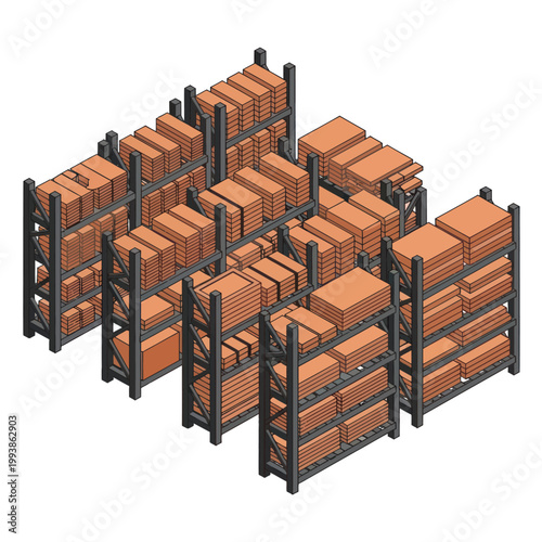 Isometric Warehouse Shelves Filled with Cardboard Boxes for Storage.