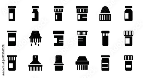 Black and white toothbrush icons, toothbrush set, bathroom symbols, 16 vector graphics