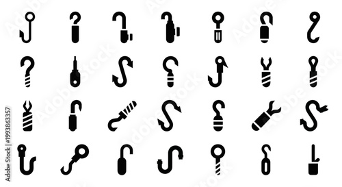 Black screw icons, hook and bolt symbols, 25 industrial tools, vector set