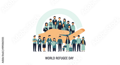 Concept illustration for World Refugee Day with people protected by a giant hand
