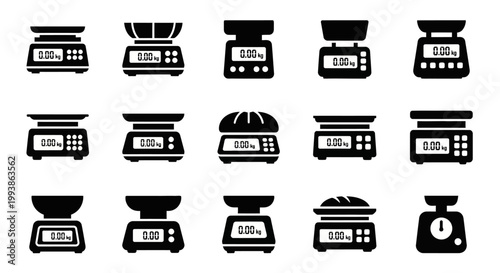 Kitchen scale icons, cooking weight symbols, baking tools, kitchen utensil set