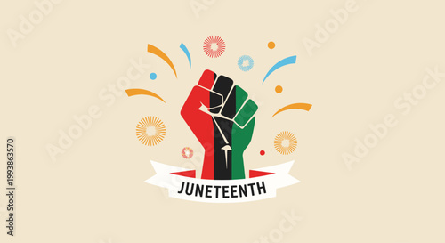 Juneteenth celebration with raised fist and festive elements
