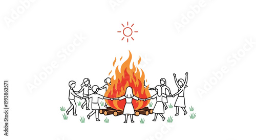 People dancing in a circle around a campfire on a sunny day.