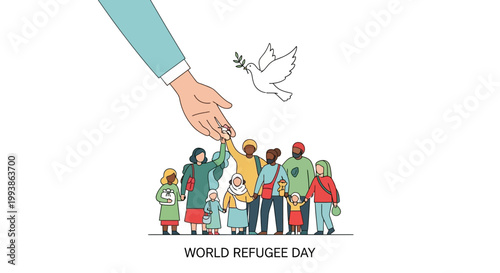 World Refugee Day illustration with diverse people, peace dove and helping hand