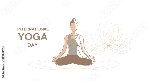 International Yoga Day illustration with meditating woman and lotus flower.