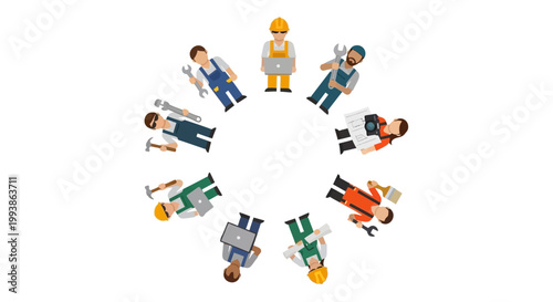 In celebration of International Workers' Day, a symmetrical flat lay presents a circle of diverse laborers in work clothes, shot from above against a clean white background