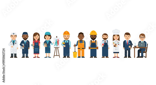 Illustrative flat lay celebrating International Workers’ Day (Labor Day), showcasing diverse professions from doctor to chef, construction worker to artist, all standing side-by-side