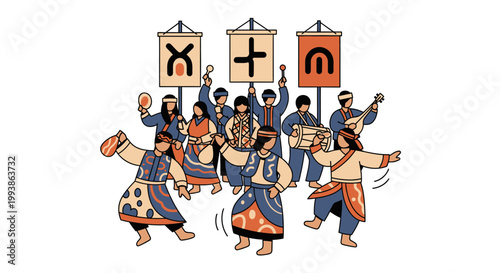 Indigenous people performing folk dance and traditional music at a celebration.