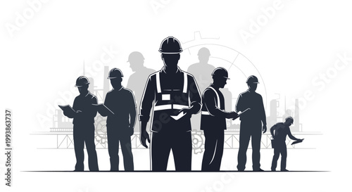 Silhouetted vector illustration depicting a group of construction workers standing together to commemorate International Workers' Day, with a white background and faint industrial blueprint