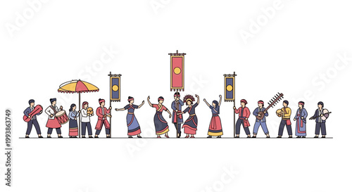 Traditional Indonesian cultural festival parade with dancers and musicians illustration