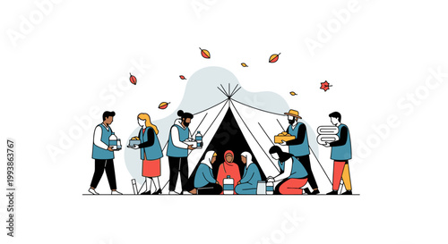 Volunteers providing humanitarian aid and supplies to refugees in a camp tent.