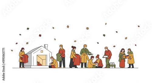 Illustration of people donating clothes and food to help homeless community in autumn