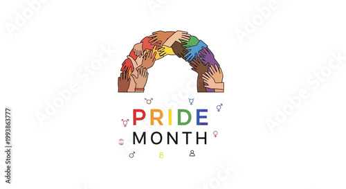 Colorful illustration of diverse hands forming a rainbow with Pride Month text and symbols