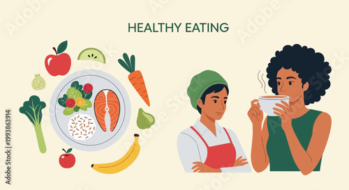 Healthy eating habits illustration with a balanced food plate and diverse characters.