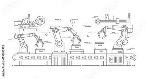 Automated Factory Production Line with Robotic Arms and Conveyor Belt.