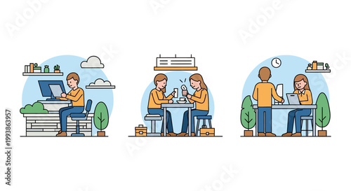 Set of illustrations showing people working in office and cafe settings.
