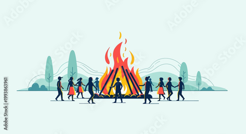 Vector illustration of people dancing around a large campfire at night