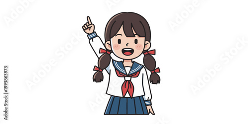 Smiling schoolgirl in uniform pointing up.